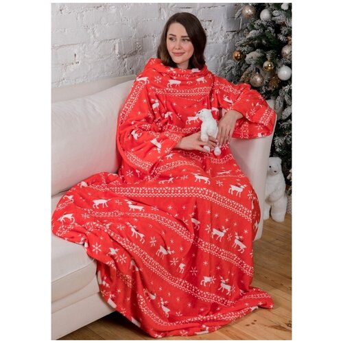 фото Плед с рукавами, с карманом, плед-халат, новогодний, подарочный, плюшевый, цвет бело-красный, 180*140 см shine