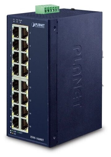 Промышленный коммутатор PLANET ISW-1600T IP30 Industrial 16-Port 10/100TX Ethernet Switch (-40~75 C, dual redundant power input on 12-48VDC / 24VAC terminal block)
