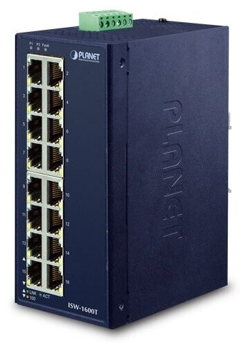 Промышленный коммутатор PLANET ISW-1600T IP30 Industrial 16-Port 10100TX Ethernet Switch -4075 C dual redundant power input on 12-48VDC 24VAC terminal block