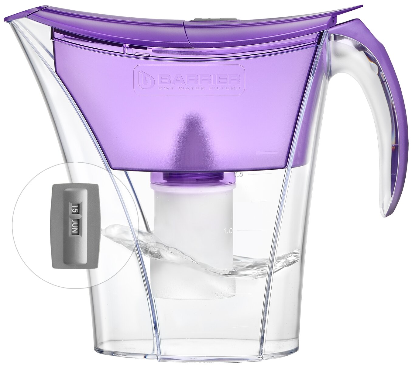 Фильтр для воды Барьер Смарт фиолетовый, объем 3,3л/1,5л, механический индикатор - фотография № 2