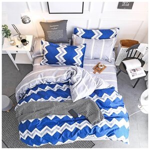 Фото Комплект постельного белья Grazia Textile Zigzag Blue, 1,5 спальный, смесовая ткань, 2 наволочки 70х70, голубой, серый, полоски, зигзаг