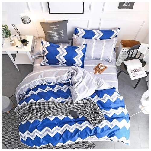 фото Комплект постельного белья grazia textile zigzag blue, 1,5 спальный, смесовая ткань, 2 наволочки 50х70, голубой, серый, полоски, зигзаг