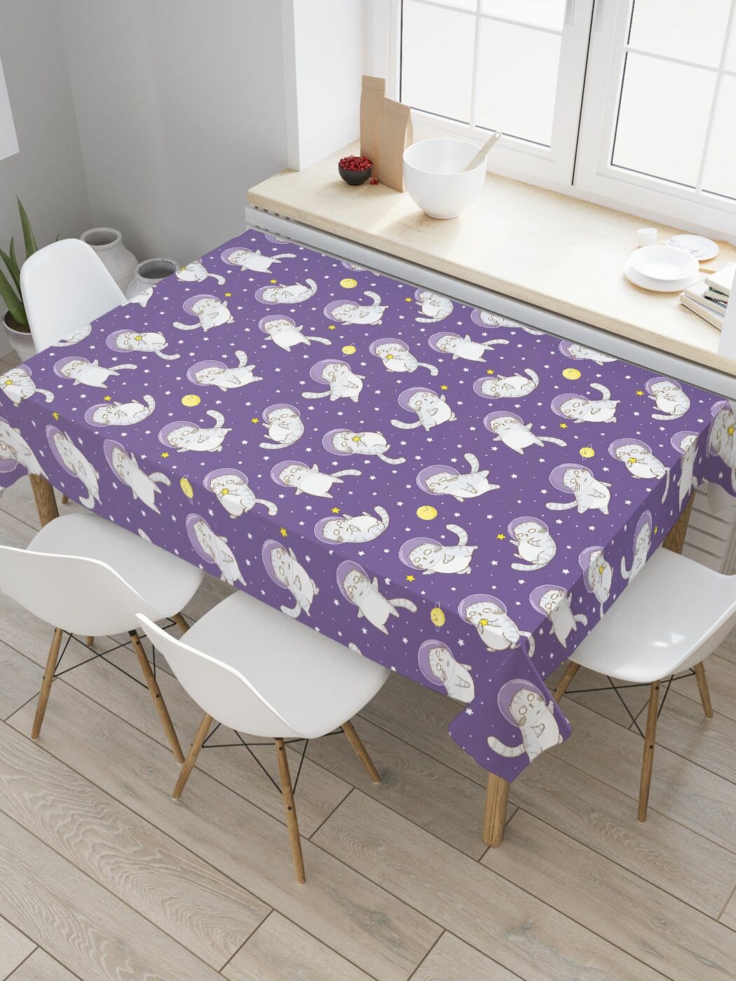 Прямоугольная тканевая скатерть на стол JoyArty с рисунком "Летающие коты" 145 на 180 см