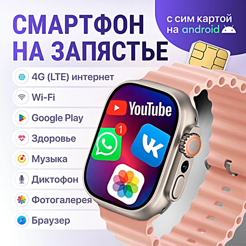 Смарт часы HK ULTRA ONE Умные часы PREMIUM Smart Watch AMOLED 4G, Wi-Fi, iOS, Android, Галерея, Игры, Браузер, Камера, Звонки, Розовый розовый
