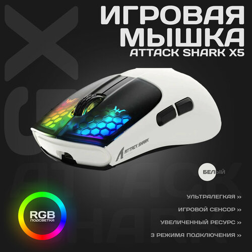 Мышка беспроводная компьютерная с подсветкой Attack Shark X5 черно-белая 2160₽