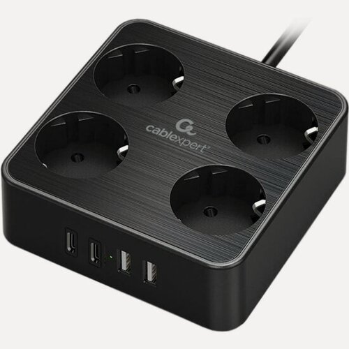 Изображение товара Сетевой фильтр Cablexpert Plate 4 розетки, 10А, 2xType-C PD, 20Вт, 2xUSB, 3м, черный, коробка (PLT-4-C2U2-B-3)