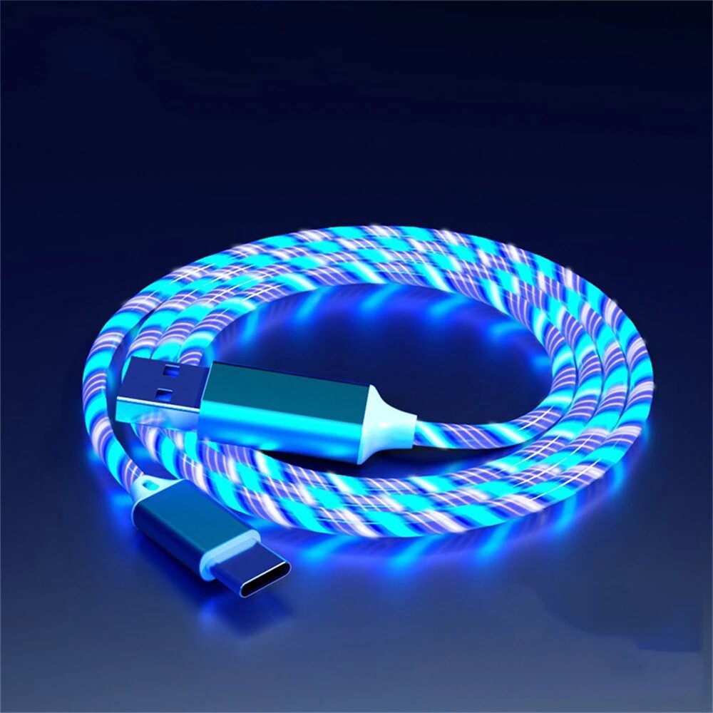 NNBILI светящийся светодиодный светильник USB 3 в 1, кабель для быстрой зарядки телефона, зарядное устройство, светящийся кабель типа C для Xiaomi iPhone, аксессуары для телефонов, Blue Type C 1M
