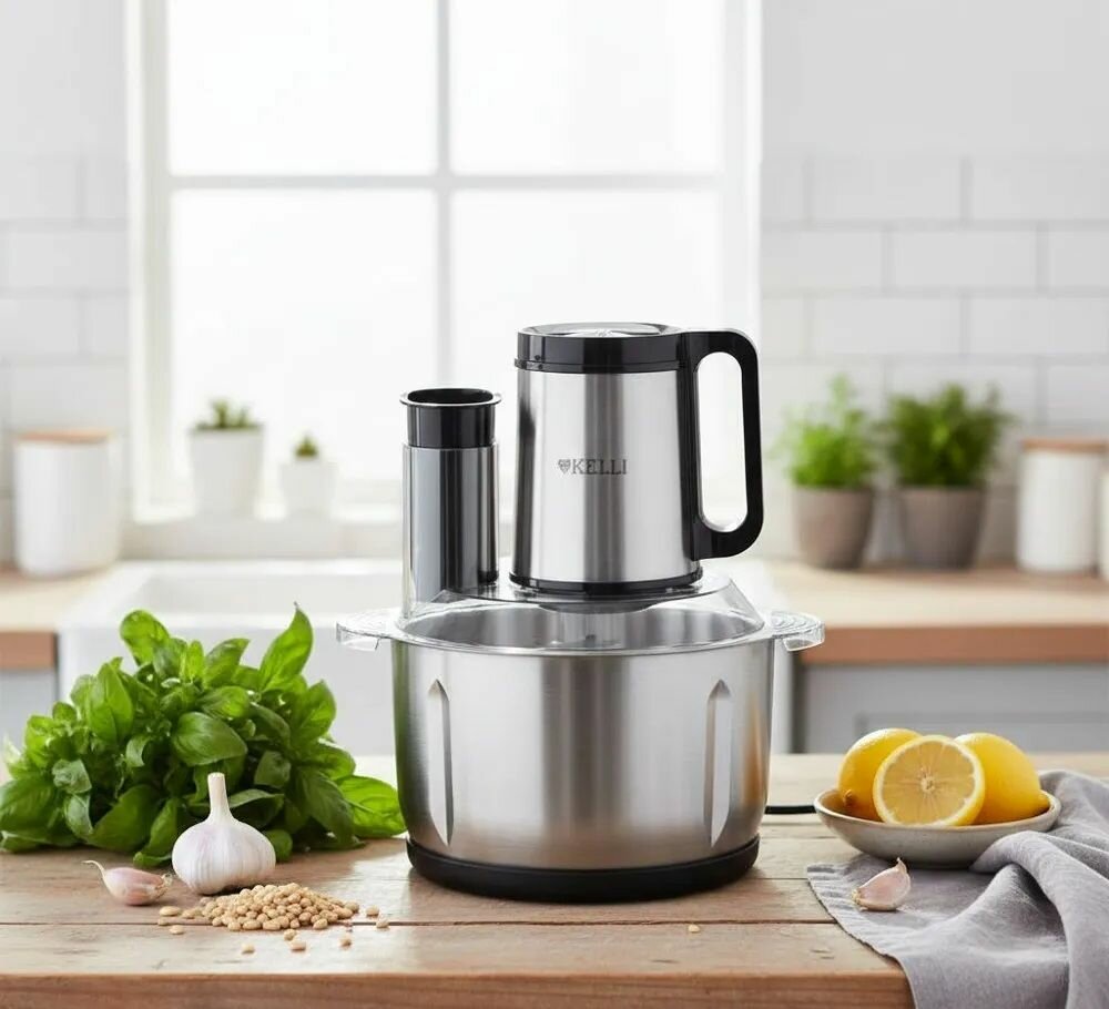 Кухонные Комбайны Xiaomi Измельчитель кухонный электрический KELLI KL-5221, чоппер 5в1, 3 скорости, чаша из нержавеющей стали 2,8 л, 1500 Вт