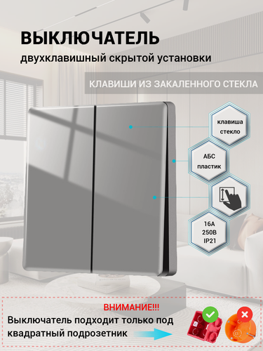 Изображение товара Выключатель двухклавишный, клавиши из закаленного стекла, цвет серый