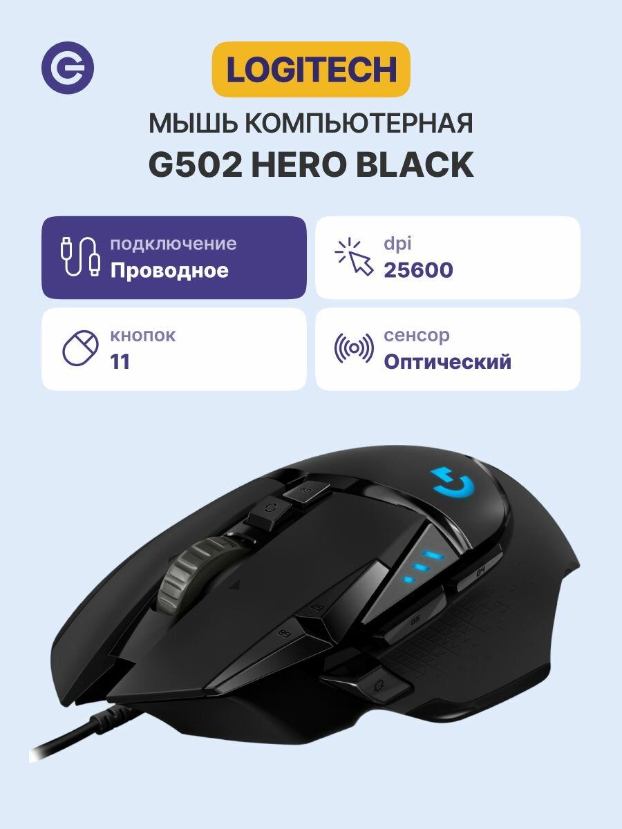 Мышь проводная LOGITECH G502 Hero Black (910-005474), официальная гарантия