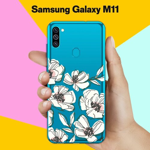 Силиконовый чехол на Samsung Galaxy M11 Белые цветы / для Самсунг Галакси М11 матовый силиконовый чехол черно белые коты фон на samsung galaxy m11 самсунг галакси м11