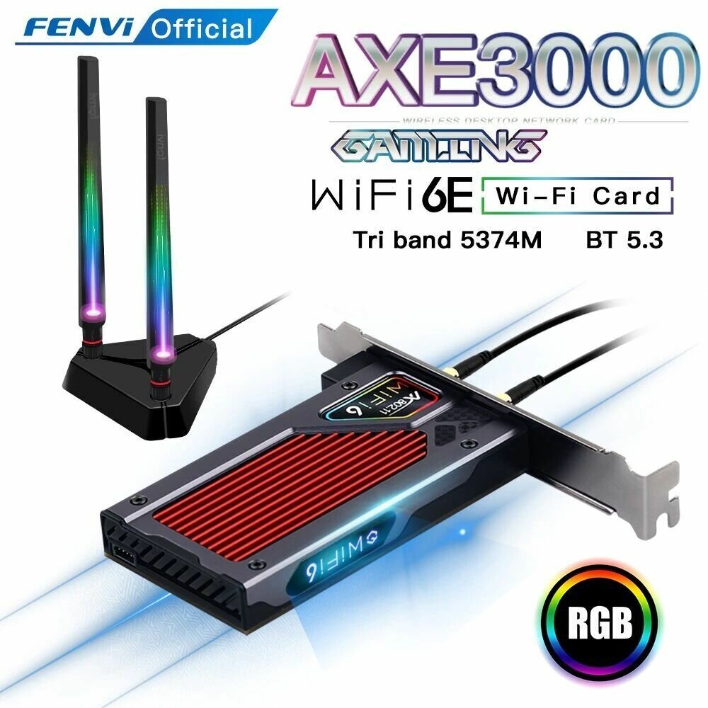 Беспроводная сетевая карта Fenvi FV-AXE3000 RGB Wi-Fi 6 2.4ГГц/ 5ГГц/ 6 ГГц Wi-Fi 802.11AX/AC PCI Express адаптер Bluetooth 5.3