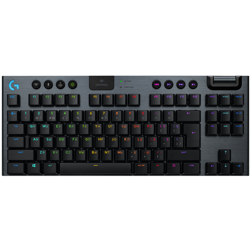 Клавиатура игровая Logitech G915 TKL Carbon (920-009536) черная, беспроводная, механическая (GL Clicky), колесо прокрутки, RGB-подсветка, подключение USB или Bluetooth, кабель 1,8м