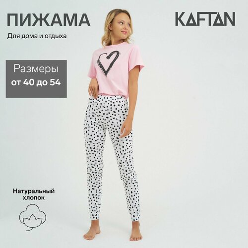 фото Пижама kaftan, футболка, брюки, длинный рукав, размер 44, белый, розовый