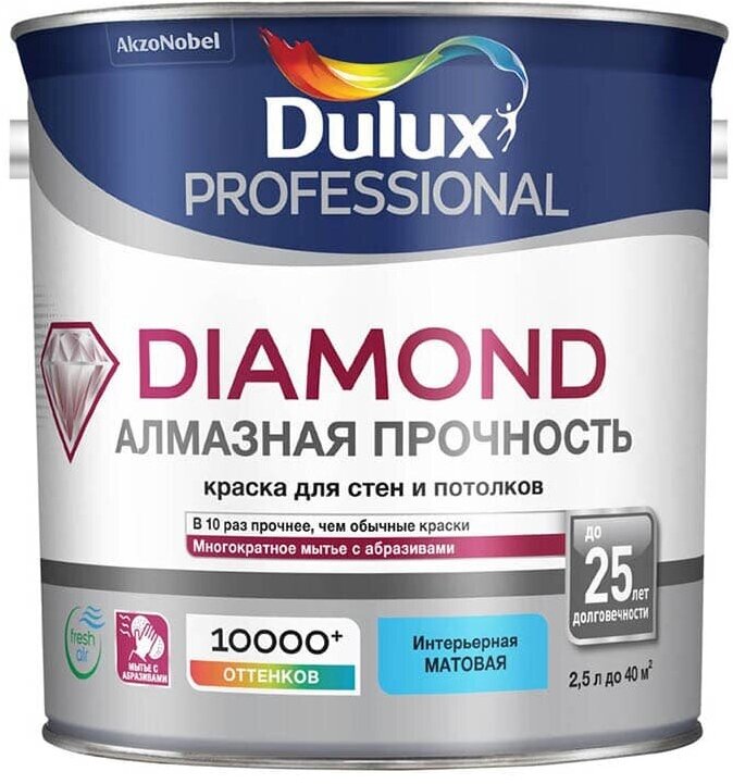 Dulux Diamond / Дюлакс Даймонд алмазная прочность краска для стен и потолков, износостойкая, матовая BW 2,5л