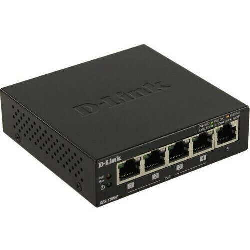 D-Link DES-1005PB1A Неуправляемый коммутатор с 5 портами 10100Base-TX функцией энергосбережения и поддержкой QoS 4 порта с поддержкой PoE 8023af8023at 30 Вт PoE-бюджет 60 Вт 4680₽