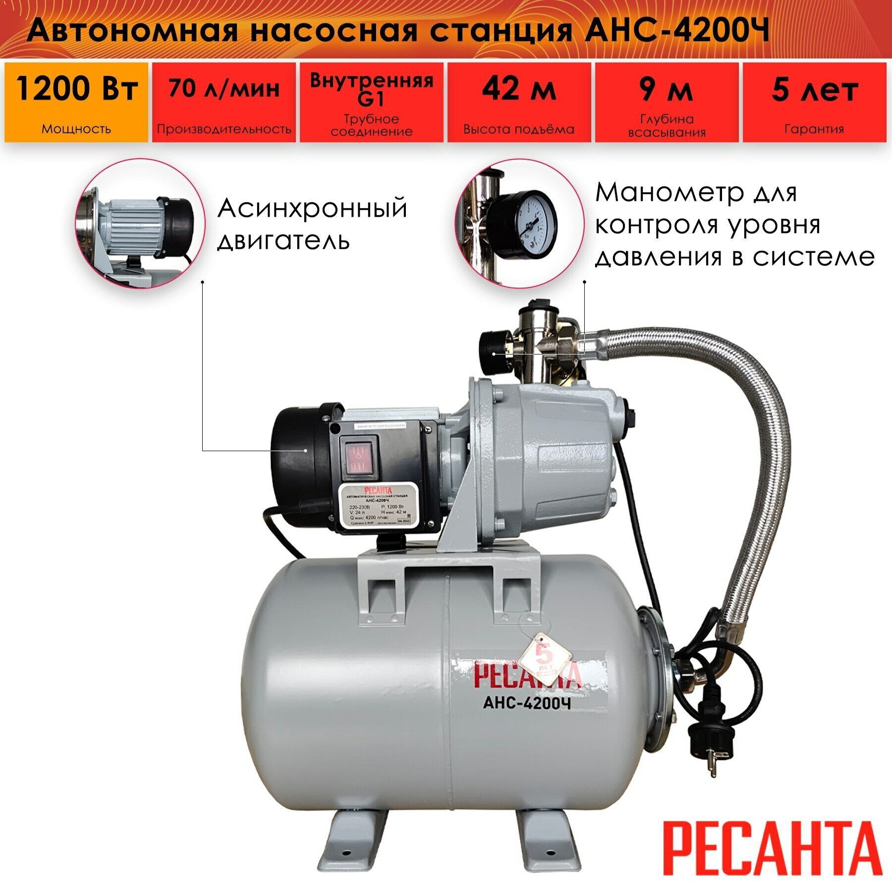 Автономная насосная станция Ресанта АНС-4200Ч 1200 Вт напор – 42 м 70 л/мин