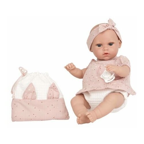 фото Arias elegance nia кукла мягкая с виниловыми конечностями, 33 см, плачет. в розовой одежде, с соской и сумкой.