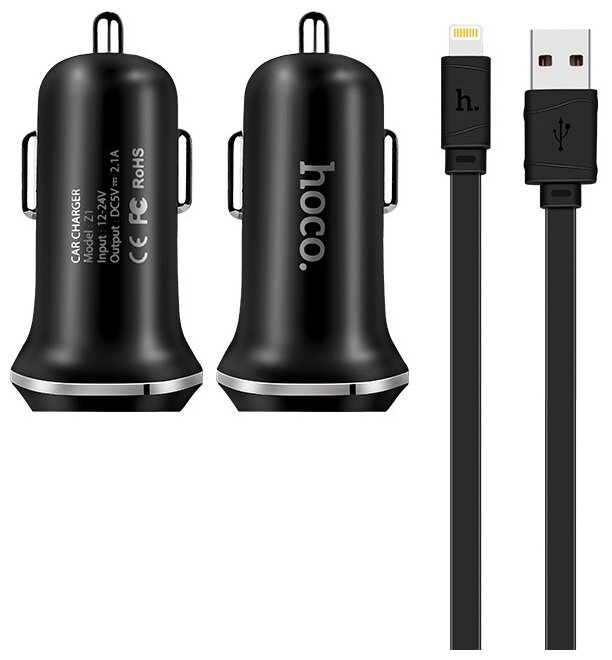 Автомобильное зарядное устройство Hoco Z1 Black зарядка 2.1А 2 USB-порта + кабель Lightning - черный