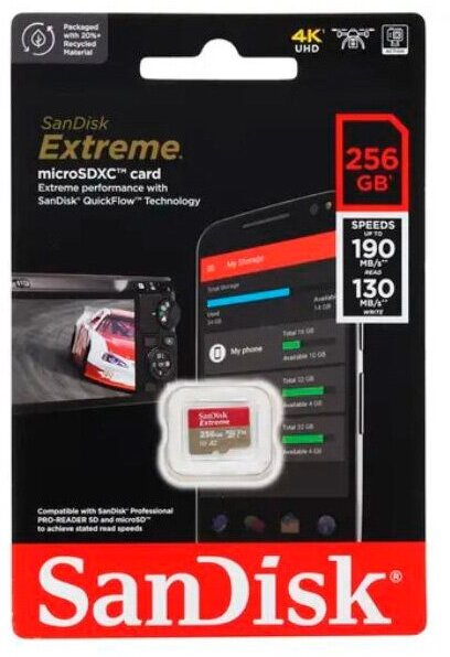 Карта памяти 256Gb - SanDisk Extreme Micro Secure Digital XC Class 10 UHS-I A2 V30 U3 SDSQXAV-256G-GN6MN