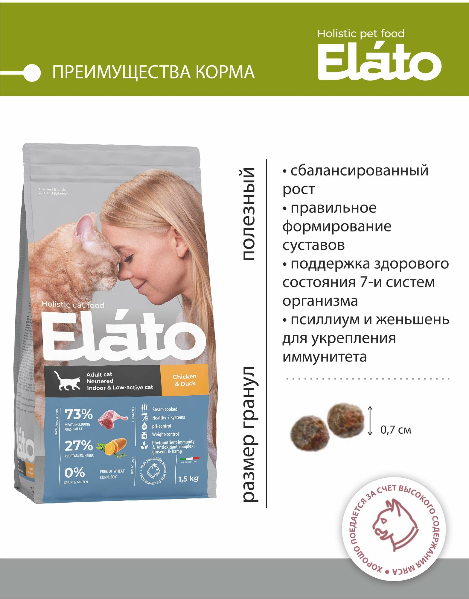 Корм сухой Elato Holistic для кастрированных котов, стерилизованных и малоактивных кошек, полнорационный, 1,5 кг