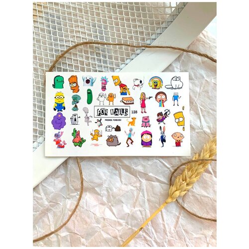 Слайдер (водные наклейки) для дизайна ногтей Мультик, Барт, Миньон, Рик и морти FN128