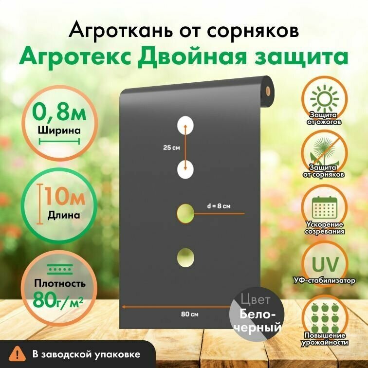 Мульча перфорированная агротекс 80 UV 1,06*10м бело-черный + колышки 8шт - фотография № 2