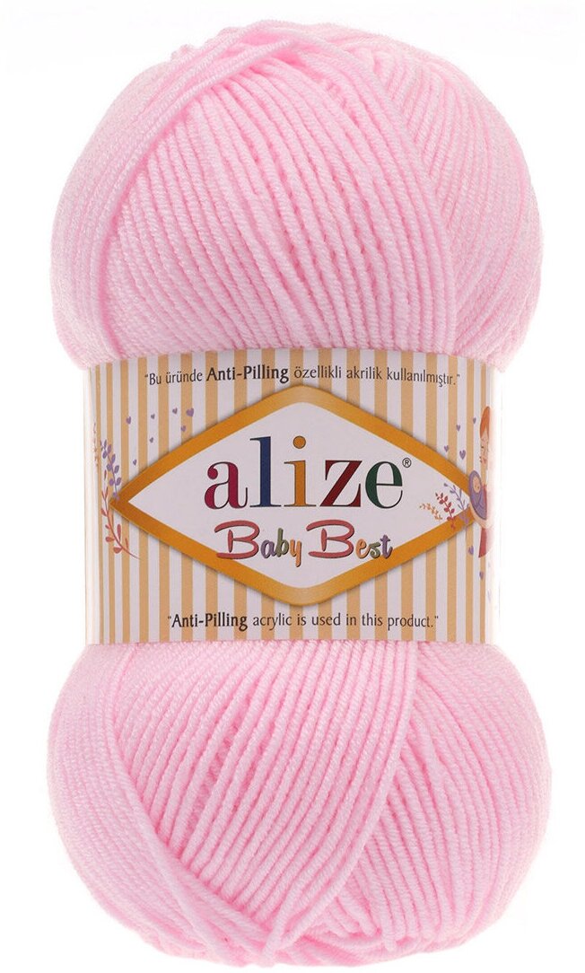 Пряжа для вязания ALIZE 'Baby Best', 100г, 240м (10% бамбук, 90% акрил) с эффектом Антипиллинг (185 светло-розовый), 5 мотков