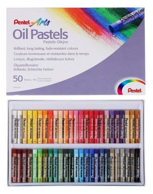 Пастель масляная художественная PENTEL "Oil Pastels", 50 цветов, круглое сечение, карт. упак, PHN4-50