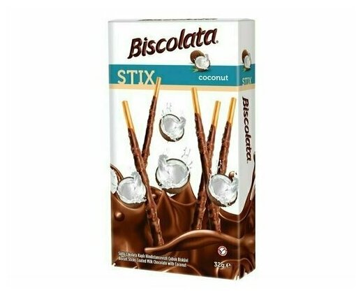 Бисквитные палочки Biscolata покрытые молочным шоколадом с кокосовой стружкой, 32 г