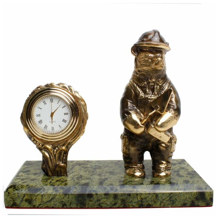 Подарки Настольные часы "Медведь-строитель" из бронзы и змеевика (Златоуст)