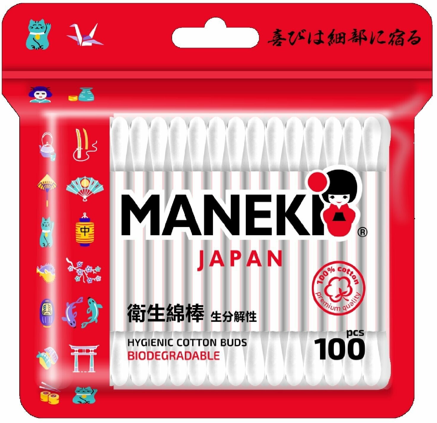 Maneki Red Ватные палочки гигиенические 100 шт в zip-пакете