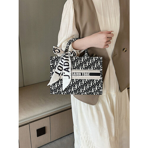 фото Сумка тоут миди, фактура гладкая, серый, бежевый