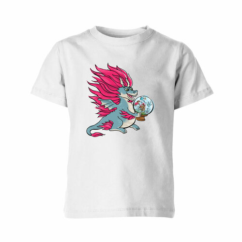 Детская футболка «Игрушка дракона. Дракон, принцесса, рыцарь, замок» (140, белый)