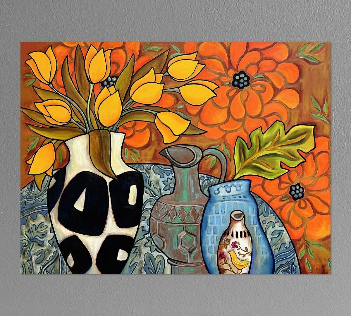 Картина для интерьера "Вазы и цветы" Элиза Боунер 40х60 см натуральный холст. Коллекция - натюрморт, кубизм, пейзаж, мексиканская живопись.