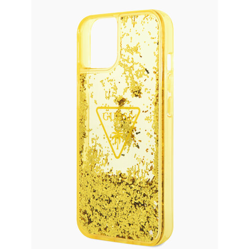 Guess для iPhone 14 чехол Liquid Glitter Triangle logo Hard Translucent Yellow