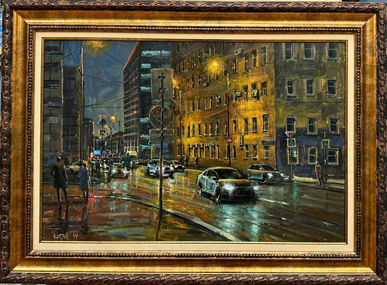 Картина маслом, городской пейзаж "Ночная улица"