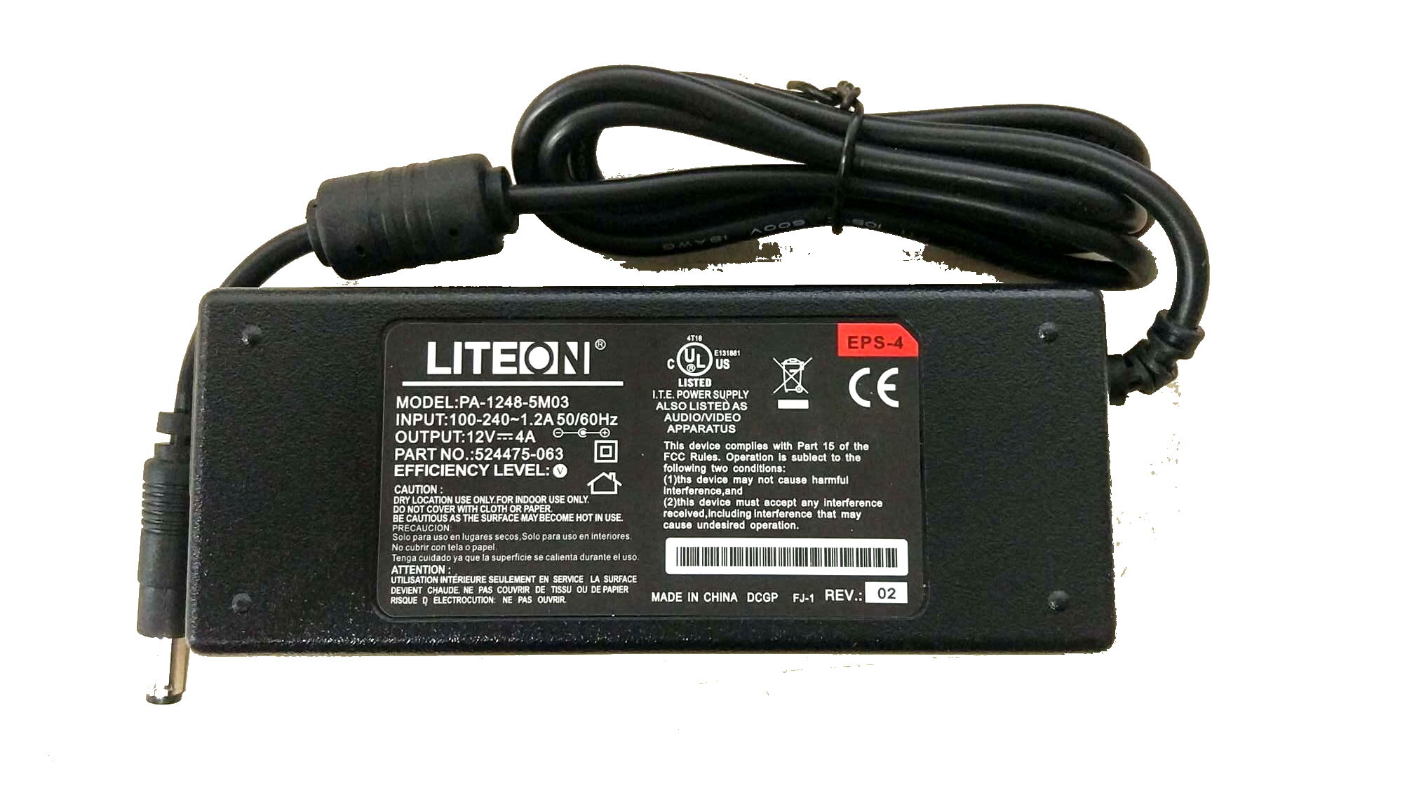 Блок питания для монитора 12V, 4A, 48W, 5.5x2.5мм с сетевым кабелем, ORG (LiteOn)