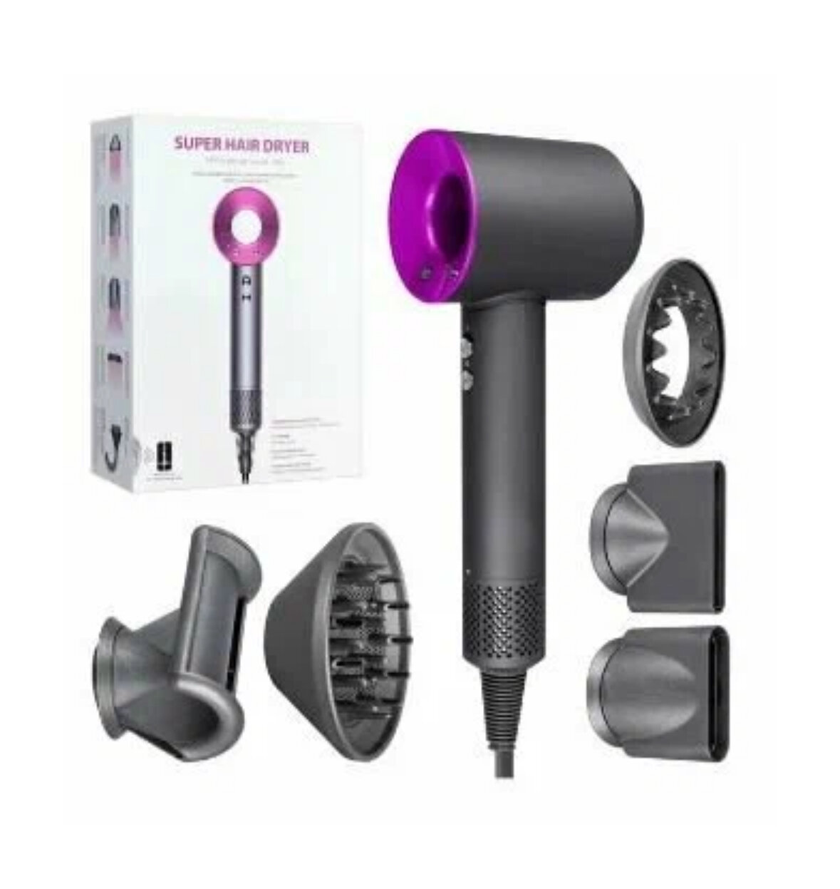 Профессиональный фен для волос iHair-1600 Super Hair Dryer 1600 Вт, 3 режима, 5 магнитных насадок, ионизация воздуха, розовый