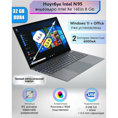 Ноутбук 166 25K 165 Гц Intel N95 RAM 32 GB SSD NVME 1 Tb металл 50900₽