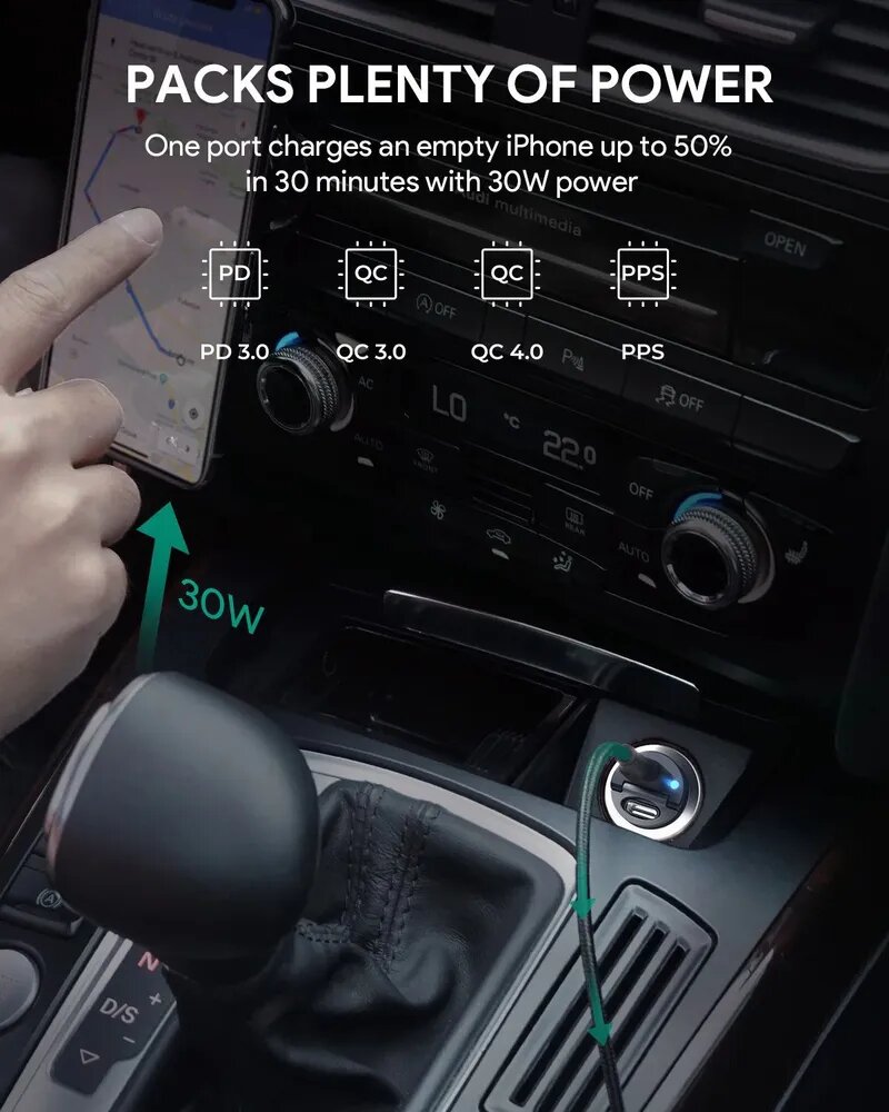 Автомобильное зарядное устройство Aukey 2хUSB-C 30 Вт PD (CC-A4) черный — фото 1