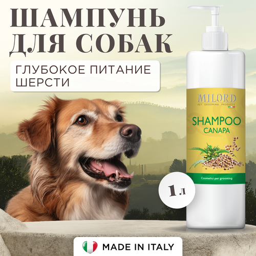 Шампунь для собак питательная Canapa для всех пород, интенсивно питает, увлажняет и восстанавливает поврежденную шерсть, MILORD, Италия, 1 литр