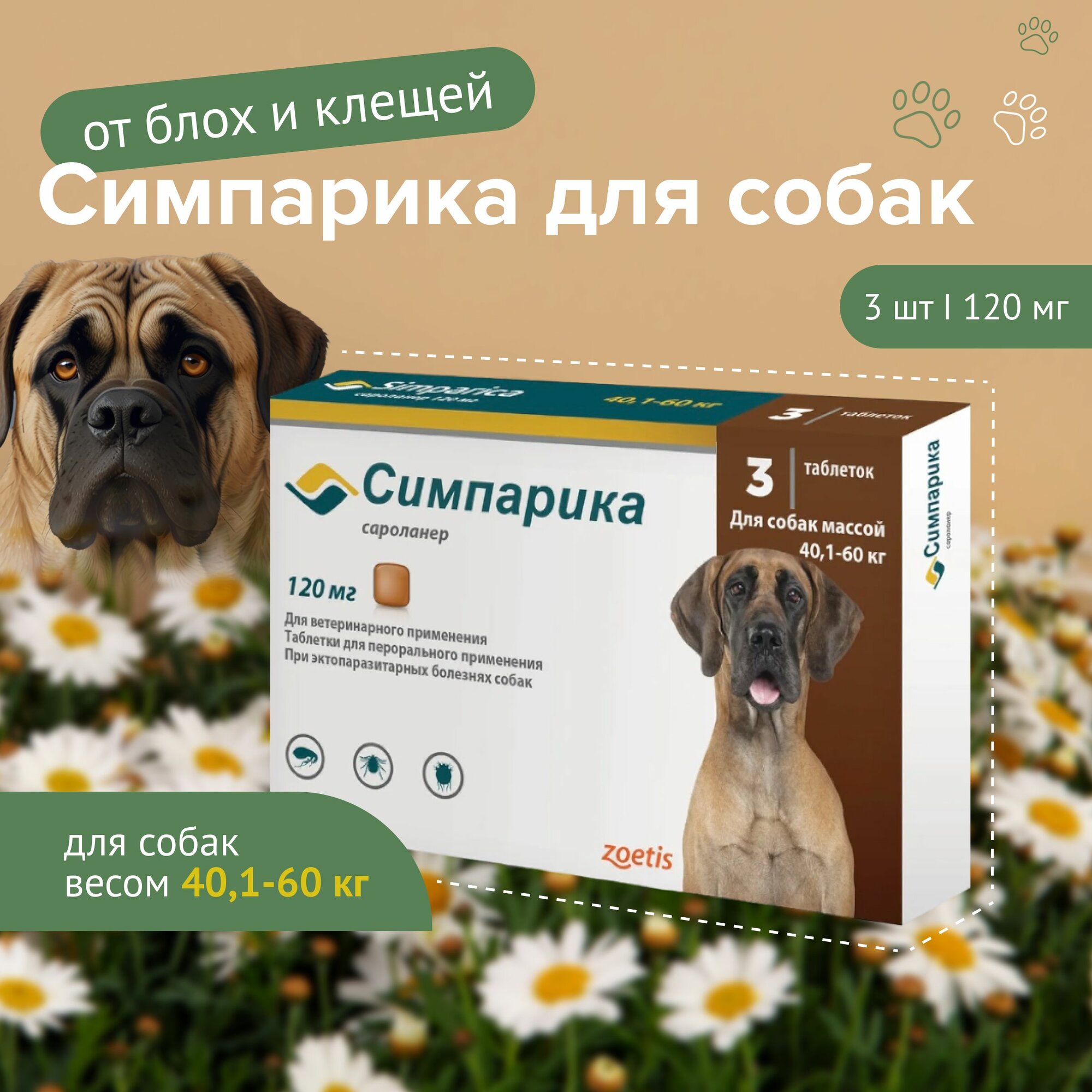 Симпарика 120 мг. для собак 40,1-60 кг. 3 таб.
