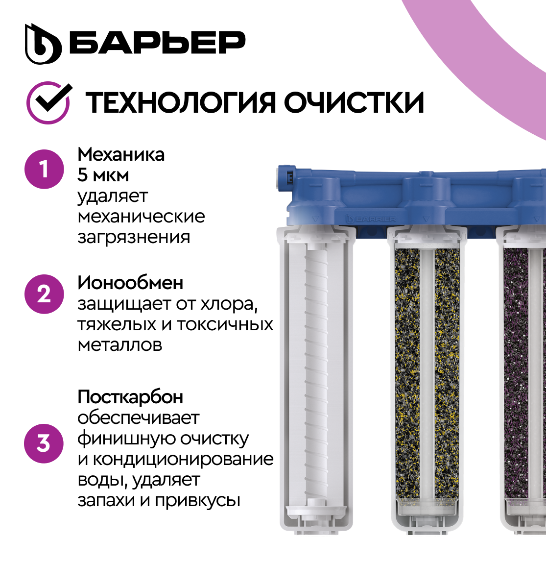 БАРЬЕР эксперт слим Стандарт, фильтр под мойку для очистки воды, удаление хлора и вредных примесей, трехступенчатый, быстросъемный — фото 1