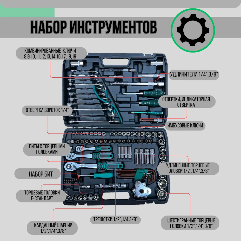 Набор инструментов для авто в чемодане, набор инструментов для автомобиля 121 предмет, профессиональный, головки, биты, отвертки — фото 1