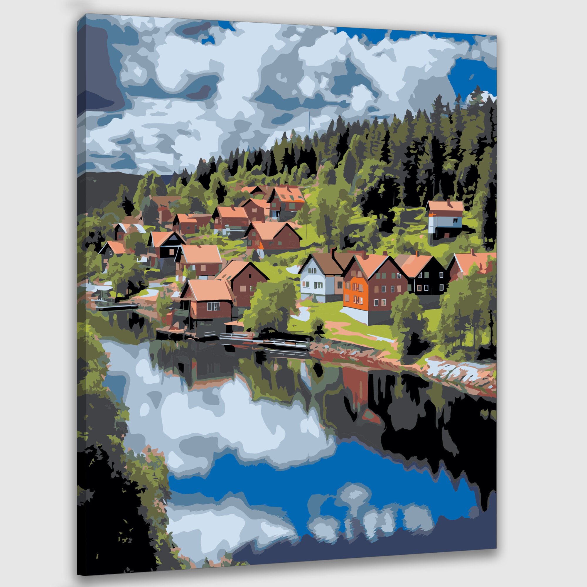 Картина по номерам 40x50 см, фотография, скандинавская деревня, красное дерево, белая отделка, лес, озеро, симметрия