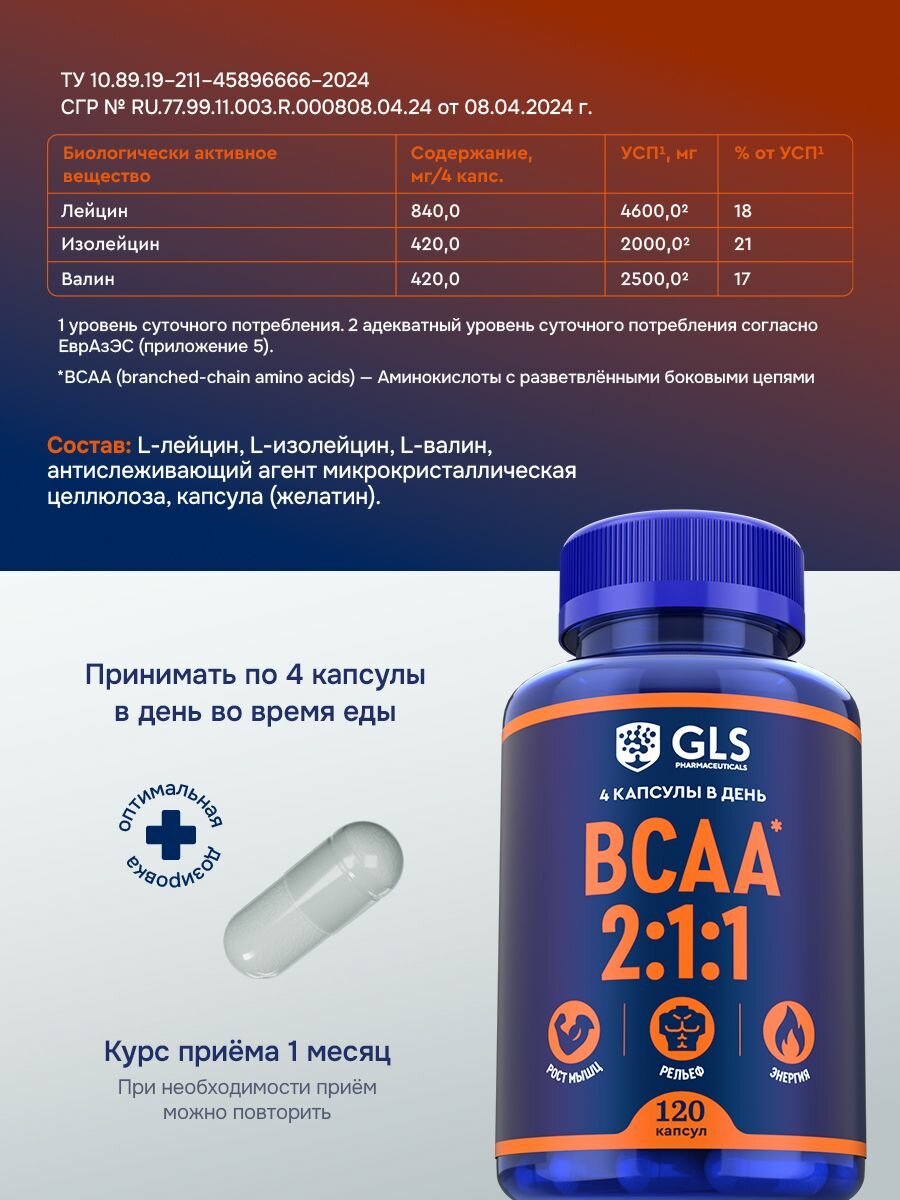 Картинки Аминокислоты BCAA 2:1:1 (БЦАА), спортивное питание для набора массы, выносливости и энергии, 120 капсул