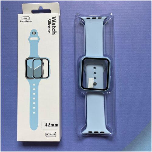 Ремешок для Apple Watch 1-7 42 мм силиконовый эластичный Голубой / Защитное стекло на Apple Watch 1-7