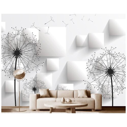 Фотообои на стену флизелиновые Модный Дом Одуванчики с белыми квадратами 350x260 см (ШxВ), в спальню, гостиную