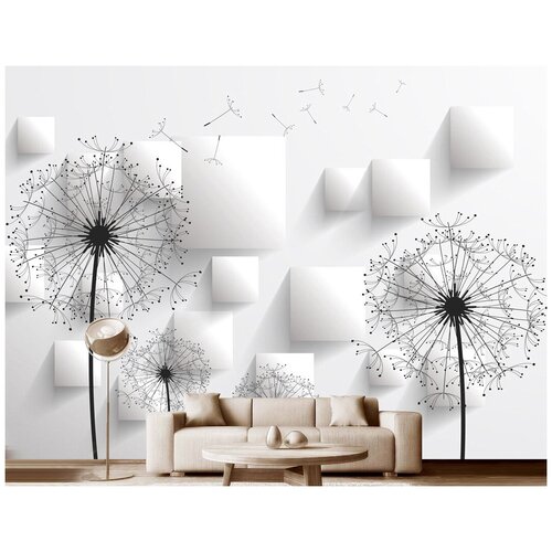 Фотообои на стену флизелиновые Модный Дом Одуванчики с белыми квадратами 400x290 см (ШxВ), в спальню, гостиную